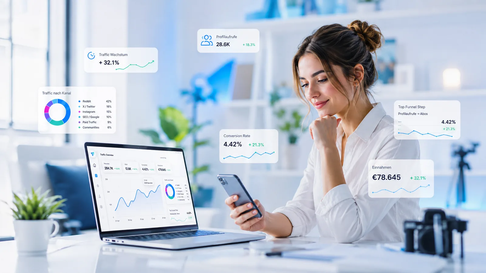 Heller Arbeitsplatz mit Analytics-Visualisierung